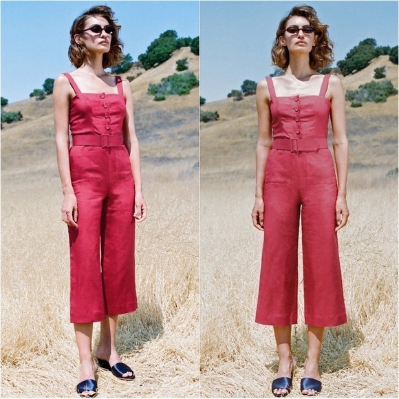 Staud Jumpsuit Sleeveless Cropped 100% Ramie Red 0 - Picture 1 of 13